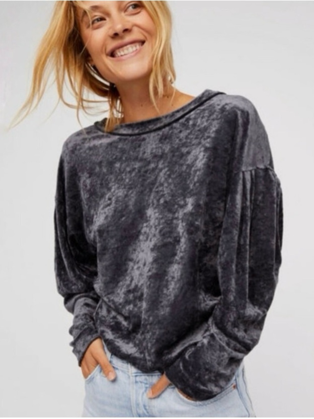 We The Free Crushed Velvet Charcoal Gray Pullover Sweatshirt